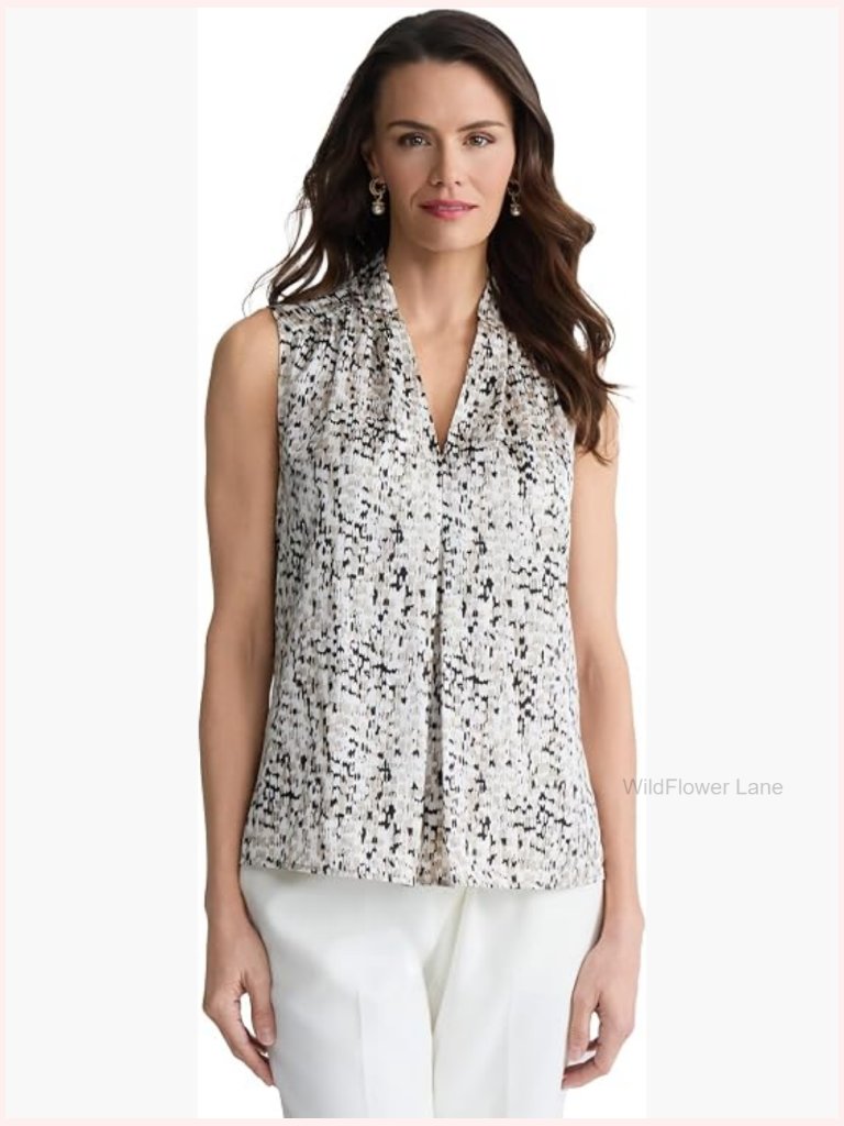 Sleeveless V-Neck Pleated Shoulder Satin Blouse